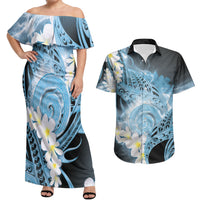 Piko Hawaiian Couples Matching Off Shoulder Maxi Dress and Hawaiian Shirt Blue Galaxy Spiral Plumeria Tribal Patterns DT05 Blue - Polynesian Pride