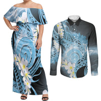 Piko Hawaiian Couples Matching Off Shoulder Maxi Dress and Long Sleeve Button Shirt Blue Galaxy Spiral Plumeria Tribal Patterns DT05 Blue - Polynesian Pride