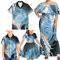 Piko Hawaiian Family Matching Off Shoulder Maxi Dress and Hawaiian Shirt Blue Galaxy Spiral Plumeria Tribal Patterns DT05 - Polynesian Pride