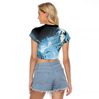 Piko Hawaiian Raglan Cropped T Shirt Blue Galaxy Spiral Plumeria Tribal Patterns DT05 - Polynesian Pride