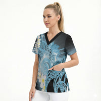 Piko Hawaiian Scrub Top Blue Galaxy Spiral Plumeria Tribal Patterns DT05 - Polynesian Pride