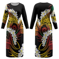 Piko Hawaiian Couples Matching Long Sleeve Bodycon Dress and Hawaiian Shirt Gradient Spiral Plumeria Tribal Patterns DT05 - Polynesian Pride