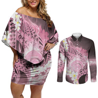 Piko Hawaiian Couples Matching Off Shoulder Short Dress and Long Sleeve Button Shirt Pink Galaxy Spiral Plumeria Tribal Patterns DT05 Pink - Polynesian Pride
