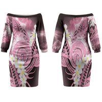 Piko Hawaiian Family Matching Off The Shoulder Long Sleeve Dress and Hawaiian Shirt Pink Galaxy Spiral Plumeria Tribal Patterns DT05 Mom's Dress Pink - Polynesian Pride