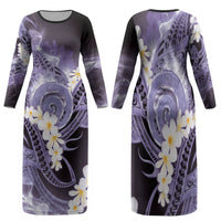 Piko Hawaiian Family Matching Long Sleeve Bodycon Dress and Hawaiian Shirt Purple Galaxy Spiral Plumeria Tribal Patterns DT05 Mom's Dress Purple - Polynesian Pride