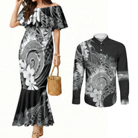 Piko Hawaiian Couples Matching Mermaid Dress and Long Sleeve Button Shirt Monochrome Galaxy Spiral Plumeria Tribal Patterns DT05 Black - Polynesian Pride