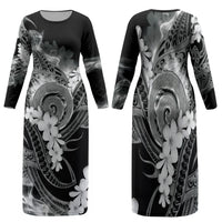Piko Hawaiian Family Matching Long Sleeve Bodycon Dress and Hawaiian Shirt Monochrome Galaxy Spiral Plumeria Tribal Patterns DT05 Mom's Dress Black - Polynesian Pride