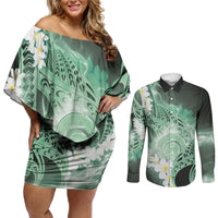 Piko Hawaiian Couples Matching Off Shoulder Short Dress and Long Sleeve Button Shirt Green Galaxy Spiral Plumeria Tribal Patterns DT05 Green - Polynesian Pride