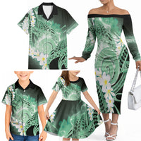 Piko Hawaiian Family Matching Off The Shoulder Long Sleeve Dress and Hawaiian Shirt Green Galaxy Spiral Plumeria Tribal Patterns DT05 - Polynesian Pride