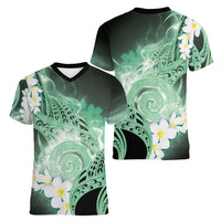 Piko Hawaiian Women V-Neck T-Shirt Green Galaxy Spiral Plumeria Tribal Patterns DT05 - Polynesian Pride