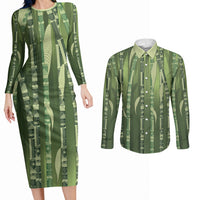 Personalised Fiji Language Week Sugarcane Masi Couples Matching Long Sleeve Bodycon Dress and Long Sleeve Button Shirt Green Tapa Tribal Pattern DT05 Green - Polynesian Pride