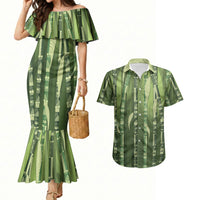 Personalised Fiji Language Week Sugarcane Masi Couples Matching Mermaid Dress and Hawaiian Shirt Green Tapa Tribal Pattern DT05 Green - Polynesian Pride