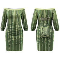 Personalised Fiji Language Week Sugarcane Masi Couples Matching Off The Shoulder Long Sleeve Dress and Hawaiian Shirt Green Tapa Tribal Pattern DT05 - Polynesian Pride