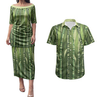 Personalised Fiji Language Week Sugarcane Masi Couples Matching Puletasi and Hawaiian Shirt Green Tapa Tribal Pattern DT05 Green - Polynesian Pride