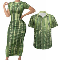 Personalised Fiji Language Week Sugarcane Masi Couples Matching Short Sleeve Bodycon Dress and Hawaiian Shirt Green Tapa Tribal Pattern DT05 Green - Polynesian Pride