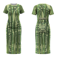 Personalised Fiji Language Week Sugarcane Masi Couples Matching Short Sleeve Bodycon Dress and Hawaiian Shirt Green Tapa Tribal Pattern DT05 - Polynesian Pride