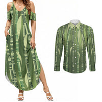 Personalised Fiji Language Week Sugarcane Masi Couples Matching Summer Maxi Dress and Long Sleeve Button Shirt Green Tapa Tribal Pattern DT05 Green - Polynesian Pride