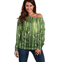 Personalised Fiji Language Week Sugarcane Masi Off Shoulder Sweater Green Tapa Tribal Pattern DT05 Women Green - Polynesian Pride
