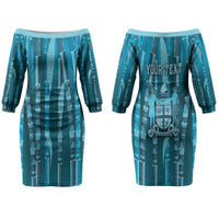 Personalised Fiji Language Week Sugarcane Masi Couples Matching Off The Shoulder Long Sleeve Dress and Hawaiian Shirt Blue Tapa Tribal Pattern DT05 - Polynesian Pride