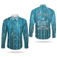 Personalised Fiji Language Week Sugarcane Masi Couples Matching Summer Maxi Dress and Long Sleeve Button Shirt Blue Tapa Tribal Pattern DT05 - Polynesian Pride