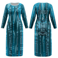 Personalised Fiji Language Week Sugarcane Masi Family Matching Long Sleeve Bodycon Dress and Hawaiian Shirt Blue Tapa Tribal Pattern DT05 Mom's Dress Blue - Polynesian Pride