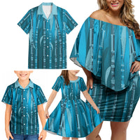 Personalised Fiji Language Week Sugarcane Masi Family Matching Off Shoulder Short Dress and Hawaiian Shirt Blue Tapa Tribal Pattern DT05 - Polynesian Pride