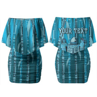 Personalised Fiji Language Week Sugarcane Masi Family Matching Off Shoulder Short Dress and Hawaiian Shirt Blue Tapa Tribal Pattern DT05 Mom's Dress Blue - Polynesian Pride