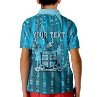 Personalised Fiji Language Week Sugarcane Masi Kid Polo Shirt Blue Tapa Tribal Pattern DT05 - Polynesian Pride