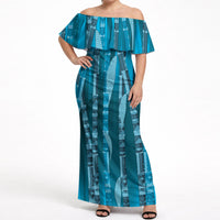 Personalised Fiji Language Week Sugarcane Masi Off Shoulder Maxi Dress Blue Tapa Tribal Pattern DT05 Women Blue - Polynesian Pride