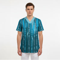 Personalised Fiji Language Week Sugarcane Masi Scrub Top Blue Tapa Tribal Pattern DT05 - Polynesian Pride
