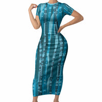 Personalised Fiji Language Week Sugarcane Masi Short Sleeve Bodycon Dress Blue Tapa Tribal Pattern DT05 Long Dress Blue - Polynesian Pride