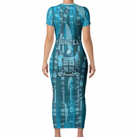 Personalised Fiji Language Week Sugarcane Masi Short Sleeve Bodycon Dress Blue Tapa Tribal Pattern DT05 - Polynesian Pride
