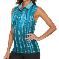 Personalised Fiji Language Week Sugarcane Masi Women Sleeveless Polo Shirt Blue Tapa Tribal Pattern DT05 - Polynesian Pride