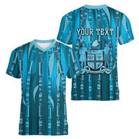 Personalised Fiji Language Week Sugarcane Masi Women V-Neck T-Shirt Blue Tapa Tribal Pattern DT05 - Polynesian Pride