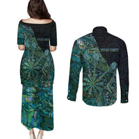 Personalised New Zealand Dart Couples Matching Puletasi and Long Sleeve Button Shirt Maori Fern With Paua Shell - Polynesian Pride