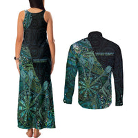 Personalised New Zealand Dart Couples Matching Tank Maxi Dress and Long Sleeve Button Shirt Maori Fern With Paua Shell - Polynesian Pride