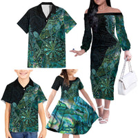 Personalised New Zealand Dart Family Matching Off The Shoulder Long Sleeve Dress and Hawaiian Shirt Maori Fern With Paua Shell - Polynesian Pride