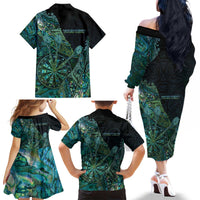 Personalised New Zealand Dart Family Matching Off The Shoulder Long Sleeve Dress and Hawaiian Shirt Maori Fern With Paua Shell - Polynesian Pride