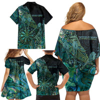 Personalised New Zealand Dart Family Matching Off Shoulder Short Dress and Hawaiian Shirt Maori Fern With Paua Shell - Polynesian Pride
