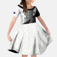 Custom New Zealand Football Kid Short Sleeve Dress Silver Fern Maori Pattern Monochrome DT05 KID White - Polynesian Pride