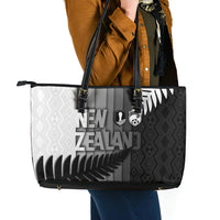 New Zealand Football Leather Tote Bag Silver Fern Maori Pattern Monochrome