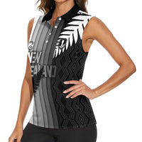 Custom New Zealand Football Women Sleeveless Polo Shirt Silver Fern Maori Pattern Monochrome