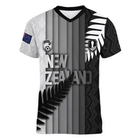 Custom New Zealand Football Women V-Neck T-Shirt Silver Fern Maori Pattern Monochrome