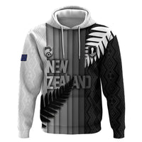 Custom New Zealand Football Zip Hoodie Silver Fern Maori Pattern Monochrome DT05 Pullover Hoodie White - Polynesian Pride