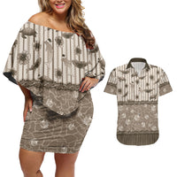 Hawaii Christmas In July Couples Matching Off Shoulder Short Dress and Hawaiian Shirt Beige Mele Kalikimaka Sea Animals