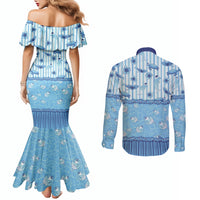 Hawaii Christmas In July Couples Matching Mermaid Dress and Long Sleeve Button Shirt Sky Blue Mele Kalikimaka Sea Animals