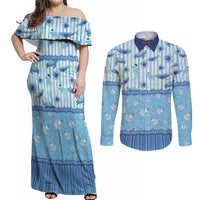 Hawaii Christmas In July Couples Matching Off Shoulder Maxi Dress and Long Sleeve Button Shirt Sky Blue Mele Kalikimaka Sea Animals