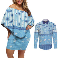 Hawaii Christmas In July Couples Matching Off Shoulder Short Dress and Long Sleeve Button Shirt Sky Blue Mele Kalikimaka Sea Animals DT05 Blue - Polynesian Pride