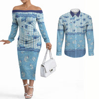 Hawaii Christmas In July Couples Matching Off The Shoulder Long Sleeve Dress and Long Sleeve Button Shirt Sky Blue Mele Kalikimaka Sea Animals DT05 Blue - Polynesian Pride