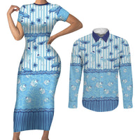 Hawaii Christmas In July Couples Matching Short Sleeve Bodycon Dress and Long Sleeve Button Shirt Sky Blue Mele Kalikimaka Sea Animals DT05 Blue - Polynesian Pride